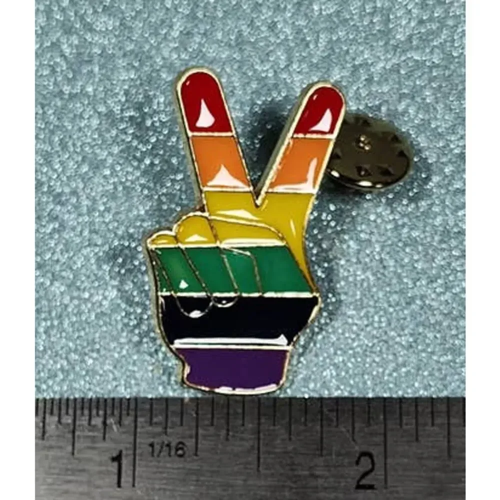 Rainbow Peace Sign Fingers Pin - Hat, Lapel, Lanyard, Apron, Jacket or Backpack
